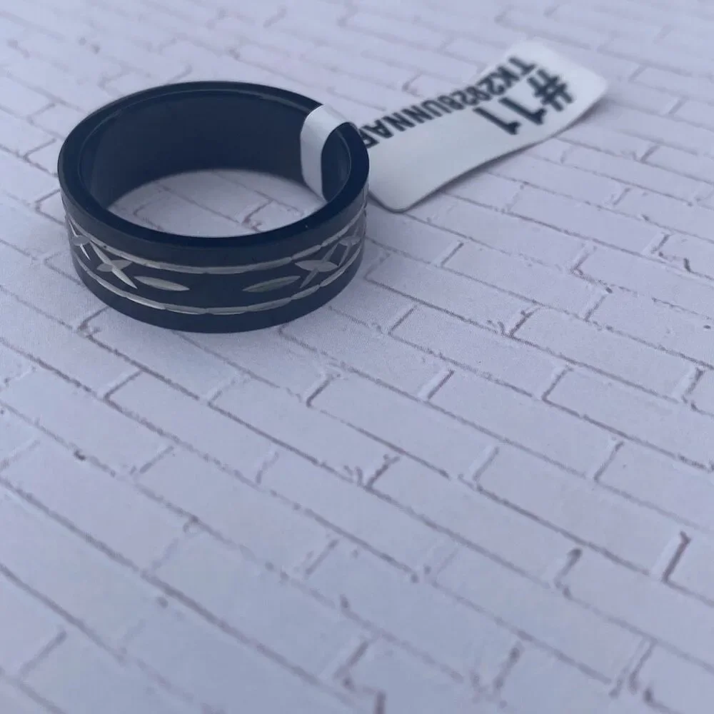Men’s Black Stainless Steel Ring Size 11 Silver Inlay Band Modern